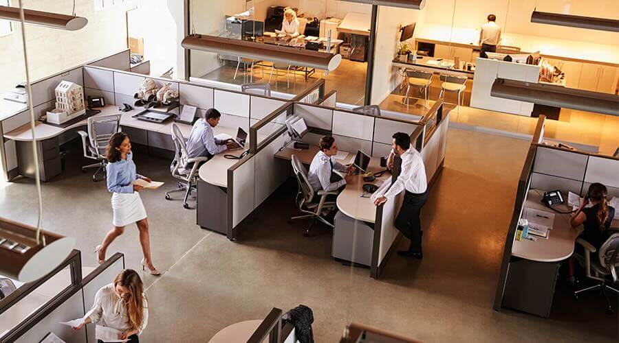 overhead view of cubicles in an office with workers walking, seated and talking
